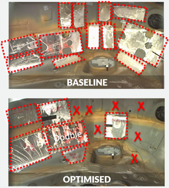 Viscoelastic Damping Pads Attached to the vehicle before and after optimization