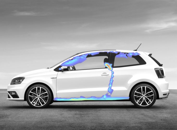Visualization of car interior sound leakage using Scan&Paint 2D (particle velocity acoustic imaging)